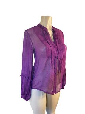 2 Development by Erica Davies Purple Tie Neck Button Blouse Pleated Long Slv